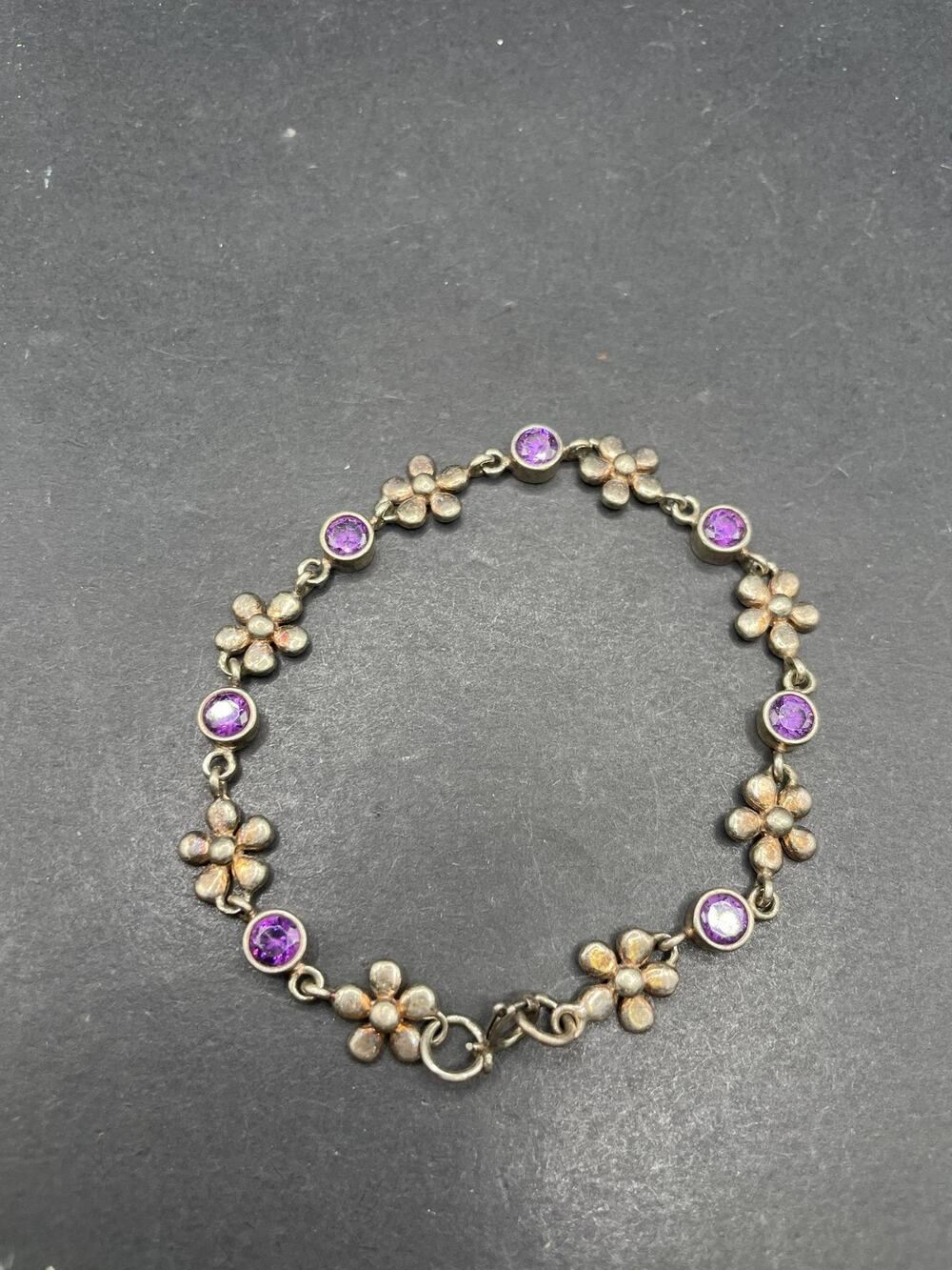 925 Sterling Silver Flower Link Bracelet with Purple Gemstone Accents 12.2g